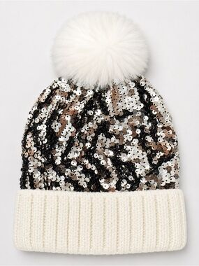 Sequined Pom Pom Knit Beanie Hat